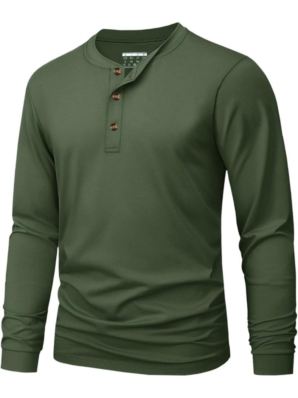 Men's Army Green Long Sleeve Henley T-shirts Cotton 3-button Spring Casual